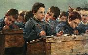 Paul Louis Martin des Amoignes In the classroom. Signed and dated P.L. Martin des Amoignes 1886 France oil painting artist